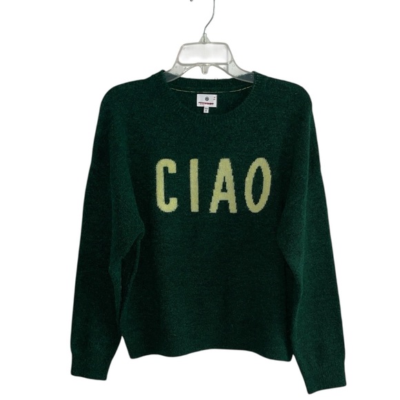 Sundry Ciao Crewneck Sweater Green Intarsia Knit Word Pullover Size Medium - Picture 4 of 9
